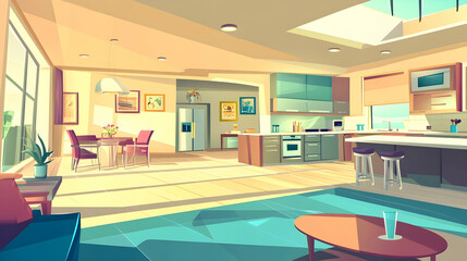 Modern kitchen and living room interior design with large windows, skylight, and furniture.