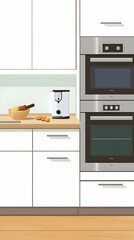 Fototapeta premium Modern kitchen countertop with a toaster, a bowl of fruit, and a double oven.
