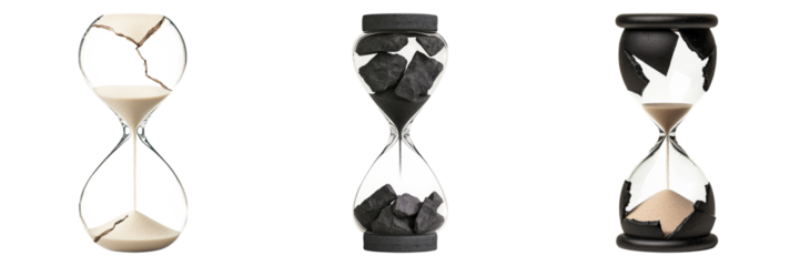 Three hourglasses filled with contrasting materials, each measuring time in unique shapes.