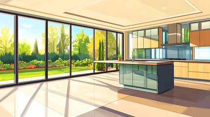 Modern kitchen interior with large windows overlooking a garden.