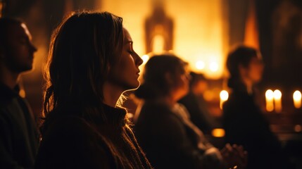 A group of people praying inside a church with heads bowed, candles flickering in the background, and soft light highlighting the calm and spiritual setting 