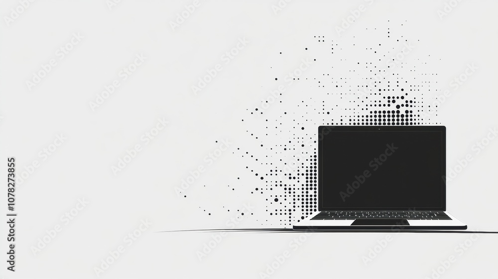 Poster the laptop showcases a creative pixel effect, blending seamlessly into a digital landscape within a 