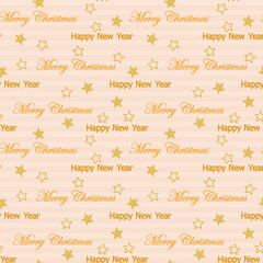 Christmas seamless background. An endless light striped backdrop with golden sparkling stars and the text Merry Christmas and New Year. vector illustration for backing, wallpaper, packaging, fabric