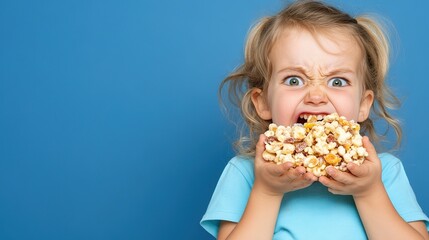 Young Child Grinning Wildly While Holding a Large Handful of Colorful Popcorn Against a Bright Blue Background, Capturing Pure Joy and Excitement