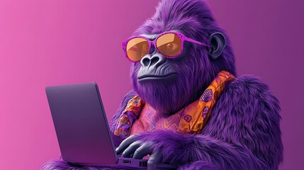 Fototapeta premium Purple gorilla works on laptop with style and flair