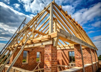 Obraz premium Vintage Style Photography of A-Frame Timber Roof Truss During House Construction Featuring AAC Block Walls, Rough Window Opening, Reinforced Brick Lintel, and Scaffolding