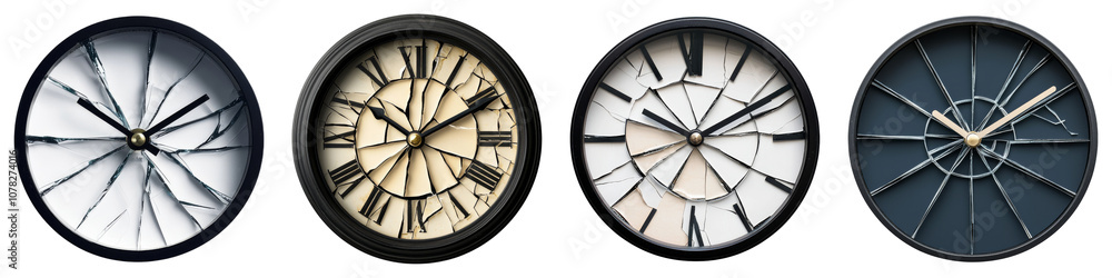 Poster four distinctive clocks, each with unique cracked designs and varying color schemes, showcasing an a