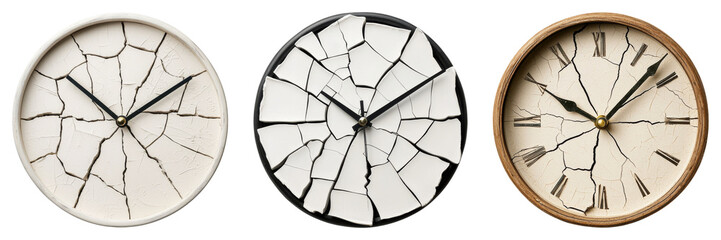 Three cracked clocks in varying colors display broken faces and hands, symbolizing time's fragility and the passage of time.