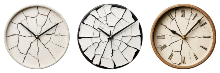 Three cracked clocks in varying colors display broken faces and hands, symbolizing time's fragility and the passage of time.