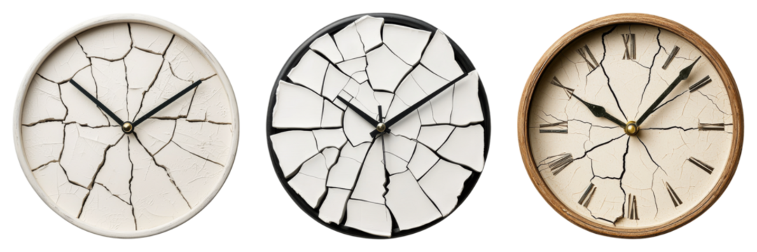 Three cracked clocks in varying colors display broken faces and hands, symbolizing time's fragility and the passage of time.