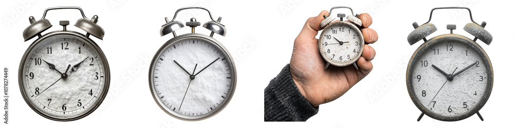 Poster the image features a collection of alarm clocks, showcasing different angles and a hand holding one 
