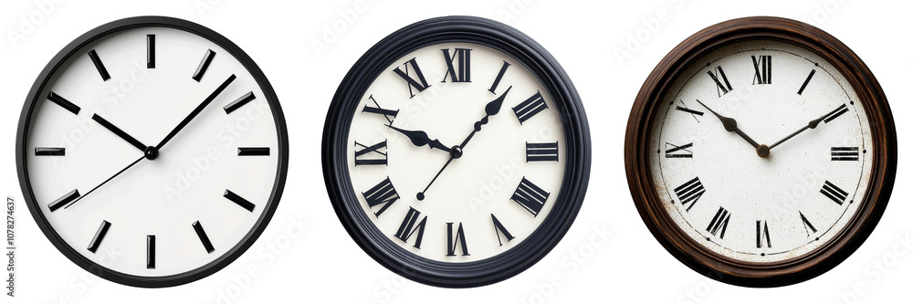 Poster three distinct wall clocks showcasing varying styles, with traditional numeric markings and differin