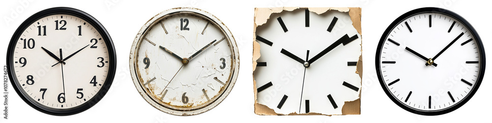 Poster four distinct clocks displaying various styles and conditions, featuring different face designs and 