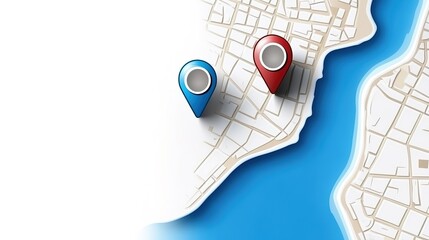 Blue and Red Location Pins on a Detailed Map Overlapping a Water Body, Symbolizing Navigation and Wayfinding in Urban Scenarios