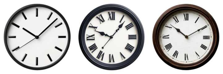 Three distinct wall clocks showcasing varying styles, with traditional numeric markings and differing colors.