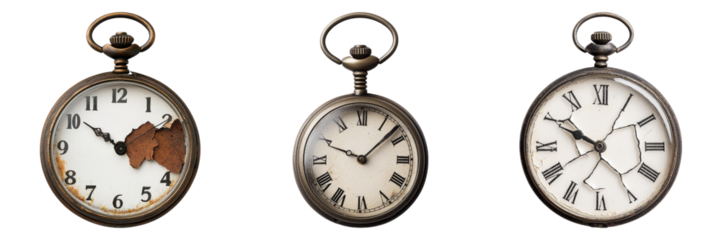 A collection of three vintage pocket watches, each with distinct designs and varying levels of wear, showcasing intricate details and classic charm.