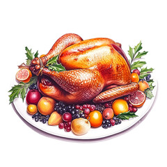 Golden roasted turkey Christmas isolated on transparent background, png.