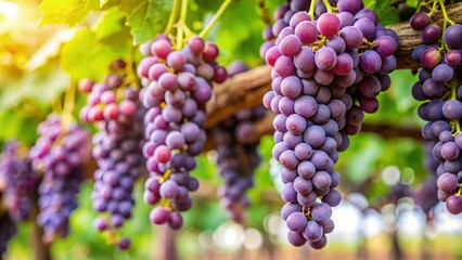 Lush vineyard scene with ripe clusters of deep purple and blue grapes, glistening under golden sunlight. Warm sunlight filters through vibrant green leaves, creating a dappled light effect