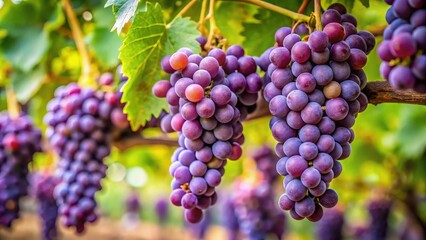Lush vineyard scene with ripe clusters of deep purple and blue grapes, glistening under golden sunlight. Warm sunlight filters through vibrant green leaves, creating a dappled light effect