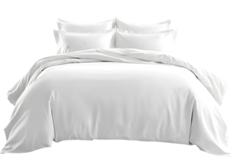 White bed with messy sheets on transparent background, png.