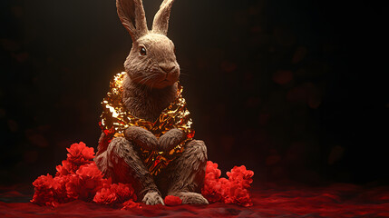 Obraz premium Rabbit in a golden wrap surrounded by red flowers