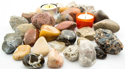Stones and Candles - a serene and calming arrangement. The stones and candles on a white background create a tranquil and harmonious atmosphere.