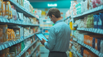 Manager checking stock levels, using a tablet for real-time order tracking.