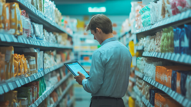 Manager checking stock levels, using a tablet for real-time order tracking.
