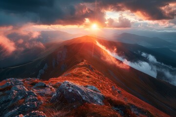 Fototapeta premium Stunning Sunset Over Mountains With Dramatic Clouds and Golden Light Illuminating Rocky Landscape in Early Evening