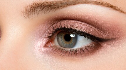 Obraz premium Close-Up Shot of a Woman's Eye with Beautiful Makeup Featuring Soft Pink Eyeshadow and Dramatic Eyeliner Highlighting Natural Beauty
