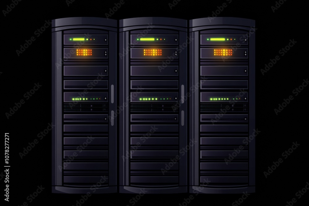 Poster a set of three servers shows various blinking indicators, reflecting the operational status within a