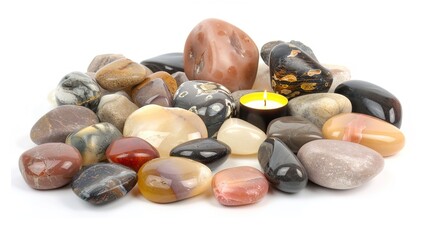 Stones and Candles - a serene and calming arrangement. The stones and candles on a white background create a tranquil and harmonious atmosphere.