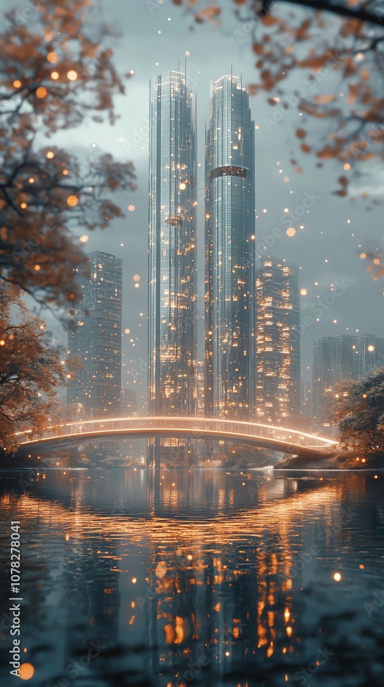Poster a view of two skyscrapers with a bridge leading to them, with twinkling lights and a reflection in t