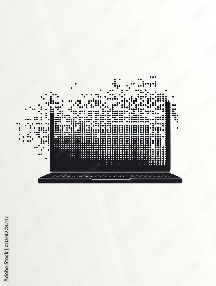 Poster a digital illustration features a laptop with pixel elements dispersing, symbolizing the fusion of t