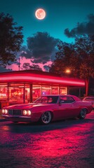 Obraz premium A vintage red car parked in front of a diner under a full moon and pink sky.