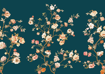 Blossom trees with flowers. Seamless pattern, background. Vector illustration. In Chinoiserie, japandi, botanical style