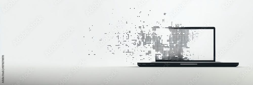 Leinwandbilder a sleek laptop displays pixel elements that gradually dissolve into digital fragments, set on a clea