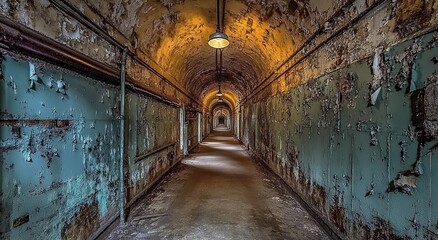 A long, dark tunnel  walls leads to an open area at the end
