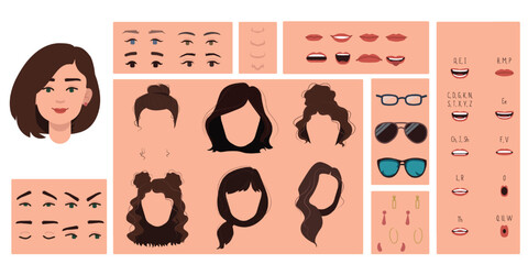 Female face constructor, avatar of woman character creation hairstyle, nose, eyes with eyebrows and lips. Cartoon set suitable for animation and lip sync speaking.	