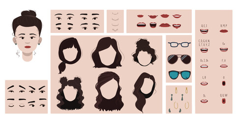 Asian female face constructor, avatar of woman character creation hairstyle, nose, eyes with eyebrows and lips.Cartoon set suitable for animation and lip sync speaking.	
