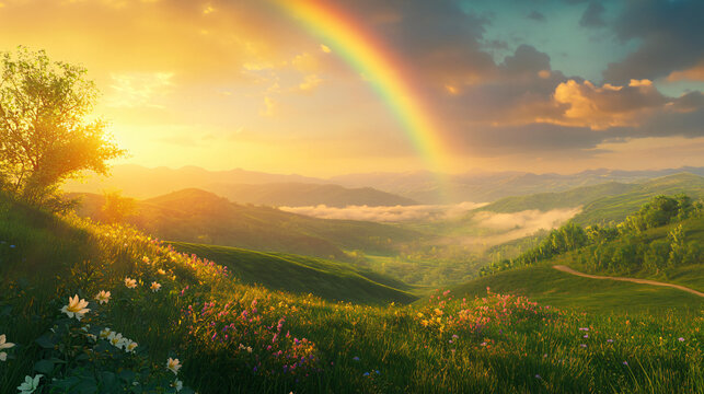 A view of rolling green hills at sunrise, featuring a bright rainbow and soft mist in the valleys, illuminated by warm sunlight for landscapes.