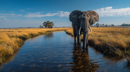 Fototapeta premium Wildlife large elephant in river water
