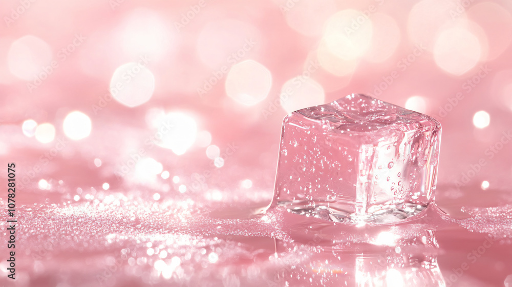 Poster a visually appealing ice cube on a soft pink surface, reflecting light and surrounded by droplets, r
