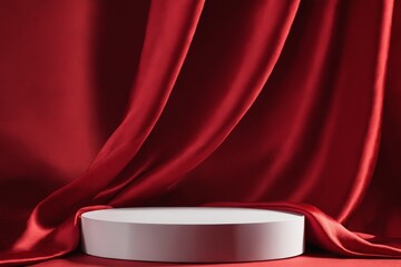 White cylindrical podium on red silk backdrop