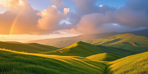Obraz premium A stunning landscape of rolling green hills illuminated by the golden light of sunset, with clouds adding depth to the scene, perfect for nature and travel inspiration.