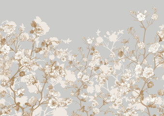 Blossom trees with flowers. Seamless pattern, background. Vector illustration. In Chinoiserie, japandi, botanical style