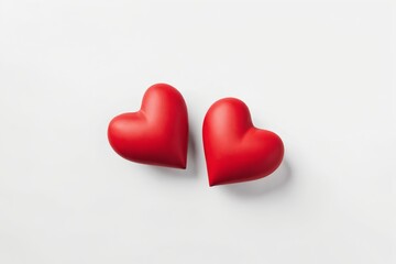 Fototapeta premium Two red hearts lie side-by-side on a white background