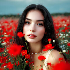 Naklejka premium The girl among the red flowers