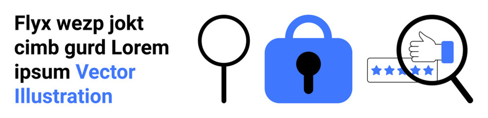 Magnifying glass, blue lock icon, and hand rating stars represent security, quality control, and user feedback. Ideal for technology, cybersecurity, customer reviews, privacy, data protection