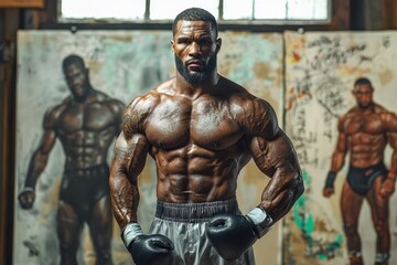 Obraz premium A muscular man poses in a gym, showcasing his physique with determined expression, surrounded by artistic muscle illustrations.
